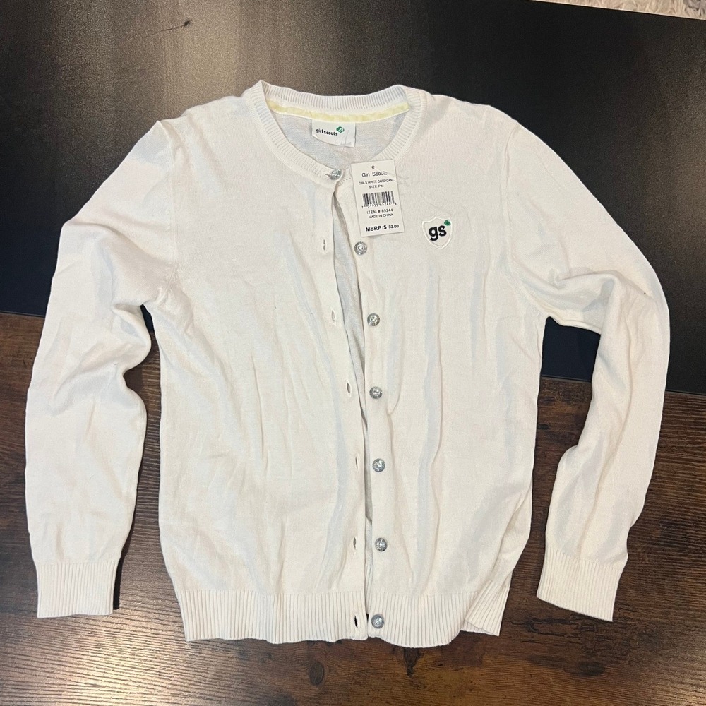 Girl Scouts Girls White Cardigan Sweater Logo Patch Glitter Buttons PM 85244 NWT